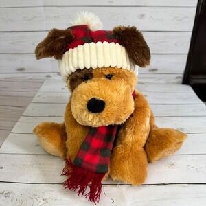 Hugfun Christmas Brown Puppy Dog Plush Winter Hat Scarf‎ 12" Stuffed Animal